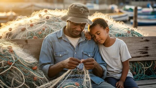 A man shows his son how to mend fishing nets at the docks as the sun sets