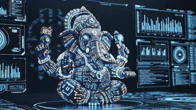 Digital Lord Ganesha Statue Illuminated With Blue And Orange Lights On A Futuristic Data Screen Background Celebrating Indian Culture And Spirituality