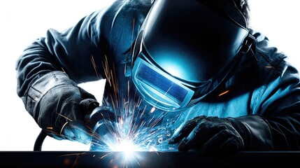 Welder at Work: A skilled welder, protected by a helmet and gloves, meticulously works with a focused intensity. Sparks fly as he expertly fuses metal. 