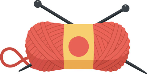 Ball of Red Yarn with Knitting Needles and Yellow Label on White Background