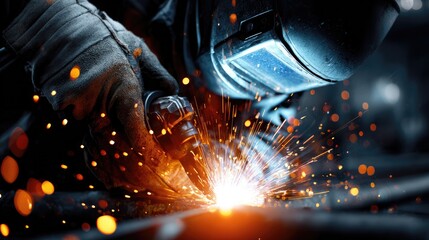 Welder at Work: A skilled welder, protected by a helmet and gloves, meticulously fuses metal, sparks illuminating the intense work environment.