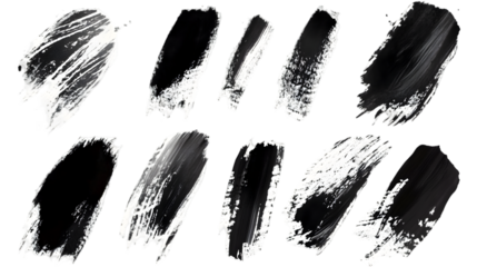 Collection of ten black paint brush strokes on a black background creating an abstract pattern