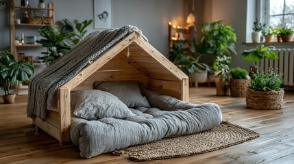 Wooden dog bed with gray cushion and blanket surrounded by plants indoors.