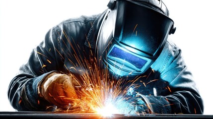 The Art of Metal Fusion: A skilled welder, protected by a safety mask, meticulously works on a metal project, sparks flying. A display of precision craftsmanship.