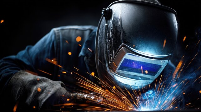 Welder at Work: A skilled welder, shielded by a protective helmet, diligently works on a metal project, sparks flying with each weld. Showcasing precision and industrial craftsmanship.