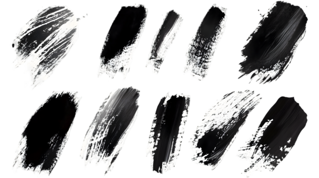 Collection of ten black paint brush strokes on a black background creating an abstract pattern