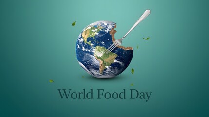 Conceptual illustration featuring a globe partially eaten with a fork embedded in its surface, symbolizing global nutrition, sustainability, and awareness for World Food Day through a striking visual 