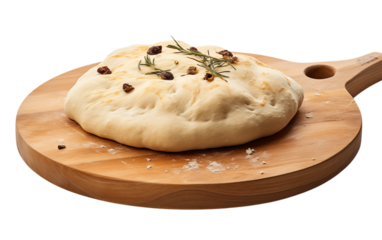 Italian Focaccia Bread on Wood Board - Savory Baked Food on transparent background png