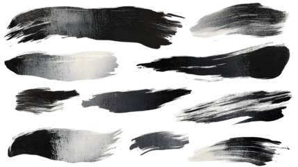A collection of abstract black and white brush strokes on a black isolated background design element