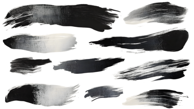 A collection of abstract black and white brush strokes on a black isolated background design element