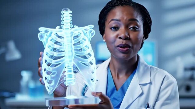 A medical professional examines a glowing, 3D model of the human ribcage, in a clinical setting