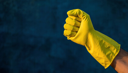 Hand wearing yellow rubber protective glove making fist gesture on blue background