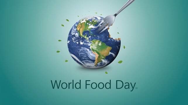 Conceptual illustration featuring a globe partially eaten with a fork embedded in its surface, symbolizing global nutrition, sustainability, and awareness for World Food Day through a striking visual 