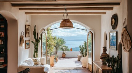 serene mediterranean villa interior showcasing an expansive view of the tranquil seascape, natural light and eclectic decor elements, summer vibe