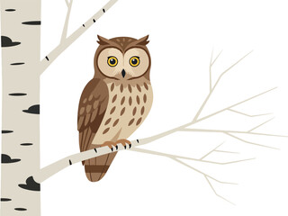 Illustration of Brown Owl Sitting on White Tree Branch in Minimalist Style
