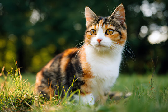 A beautiful calico cat with striking golden eyes sits attentively in lush green grass, bathed in warm, soft sunlight, with a dreamy bokeh background.