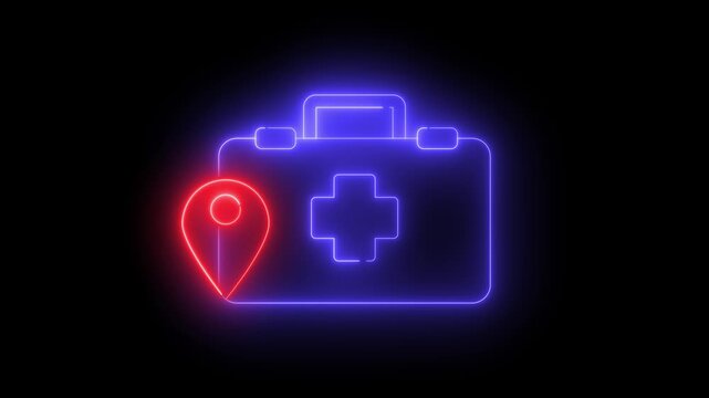 Neon light effect animation of a first aid kit icon with a location pin