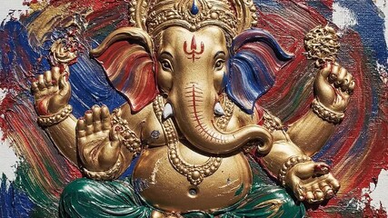 Golden Lord Ganesha With Colorful Abstract Brush Strokes Background for Ganesh Chaturthi Festival Celebration and Religious Greeting Cards