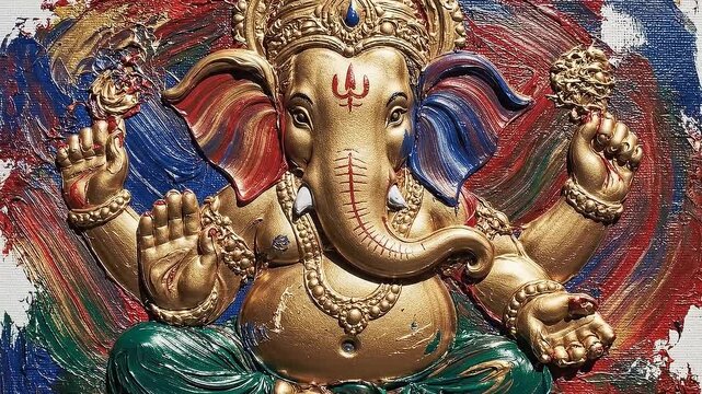 Golden Lord Ganesha With Colorful Abstract Brush Strokes Background for Ganesh Chaturthi Festival Celebration and Religious Greeting Cards