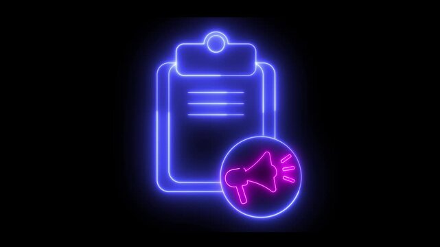 Neon light effect animation of a clipboard icon with a megaphone