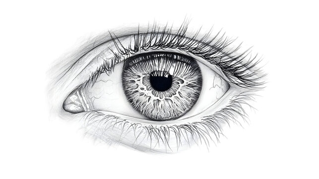 A grayscale drawing of a human eye with detailed eyelashes and iris on a black background art