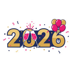 2026 Celebration Typography
Flat vector of large &ldquo;2026&rdquo; numerals in modern geometric style with champagne glasses, balloons, and sparkles integrated into the numbers, vibrant contrast of dark blue, 