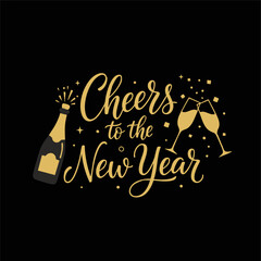 Cheers to the New Year
Flat vector art of elegant lettering “Cheers to the New Year” with champagne bottles, glasses clinking, and golden glitter 