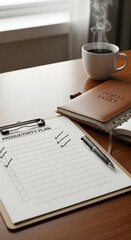 A workspace scene featuring a steaming cup of coffee, a productivity planner, and pens on a wooden table near a window with natural light
