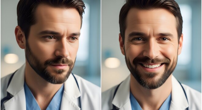 Two professional male healthcare workers with dark hair and beards, dressed in white lab coats, smiling and standing in a modern medical facility - Powered by Adobe