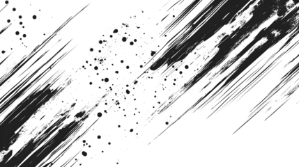 Abstract black and white background with diagonal brush strokes and scattered ink splatters design