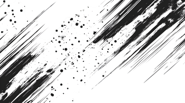 Abstract black and white background with diagonal brush strokes and scattered ink splatters design