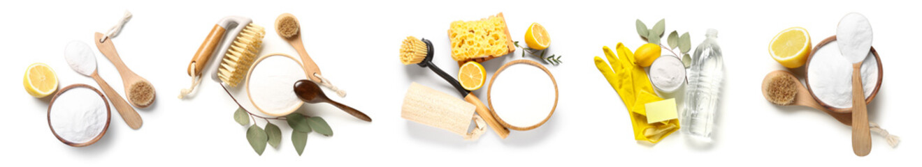 Set of baking soda, vinegar, lemon, sponges, gloves and brushes on white background