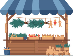 Wooden Christmas Market Stall with Pine Branches Gingerbread Cookies and Holiday Decorations