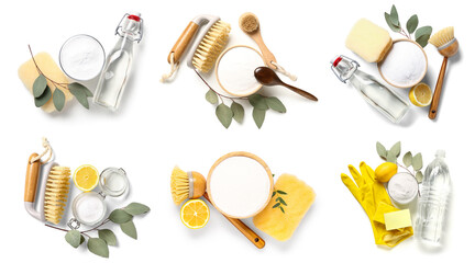 Collage of baking soda, vinegar, lemon, sponges, gloves and brushes on white background