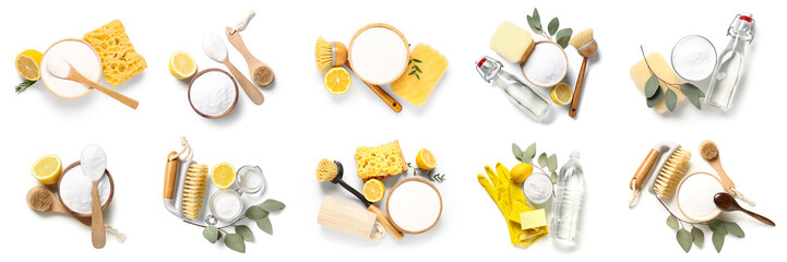 Set of baking soda, vinegar, lemon, sponges, gloves and brushes on white background