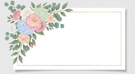Beautiful botanical card with a corner bouquet of pink roses, blue hydrangeas, and eucalyptus leaves. Vector illustration background