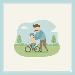 Naklejka premium Father Teaching Child to Ride a BikeFlat-vector scene of a dad guiding a child on a bicycle in a sunny park