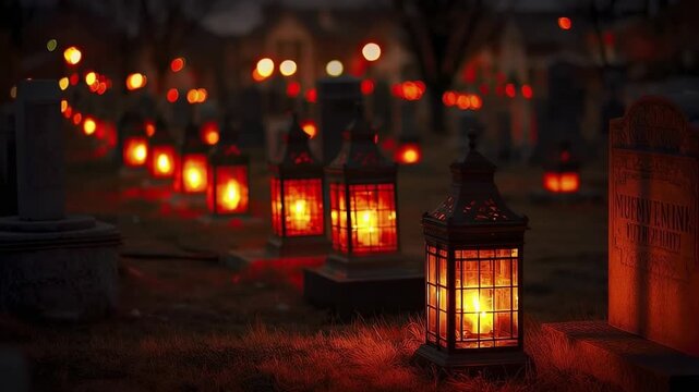 A line of illuminated lanterns sits beside headstones in a cemetery at dusk casting a warm orange glow on the ground