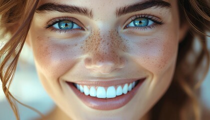 Close-up of a smiling woman's face with her eyes wide open. 