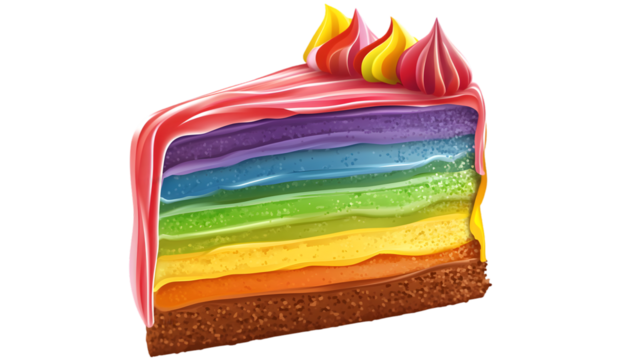 A single slice of a colorful rainbow cake with icing and frosting on a black background view