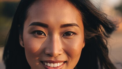 Close-up of a smiling woman's face with her eyes wide open.