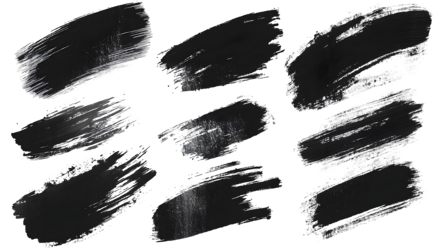 A set of nine black paint brush strokes arranged on a black background in a scattered pattern