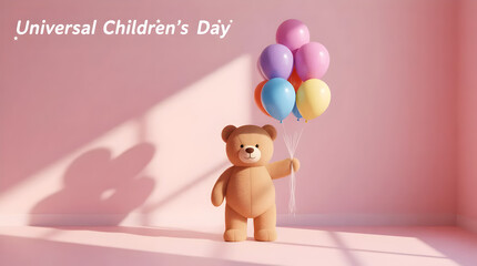 Celebrating universal childrens day with a teddy bear holding colorful balloons in a pink room, promoting child welfare and rights