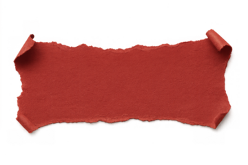 Red torn paper banner with curled edges, blank grunge scroll with crumpled texture and ripped border on transparent background