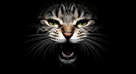 Close-up of a fierce tabby cat with bright green eyes and bared teeth against a black background.