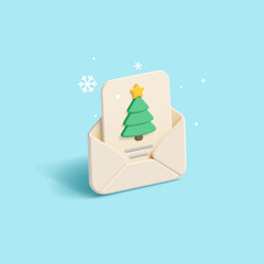 Christmas holiday Envelope letter to Santa, 3D, with a Christmas tree and a gift wish. Minimalistic icon. Christmas, happy children. Vector illustration.