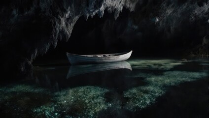 Boat in a Dark Cave with Turquoise Water.