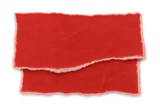 Torn red paper pieces with rough edges creating a textured design element, empty text space, transparent background