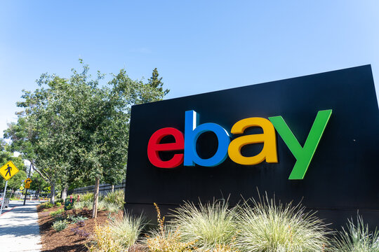 Close up of eBay sign at its headquarters in San Jose, California, USA - June 11, 2023. eBay Inc. is an American multinational e-commerce company.