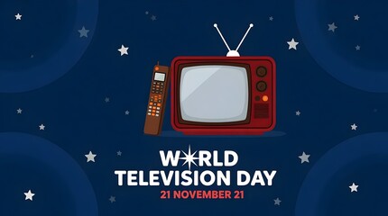 A captivating world television day illustration featuring a vintage television set, a remote control, and twinkling stars on a dark blue background